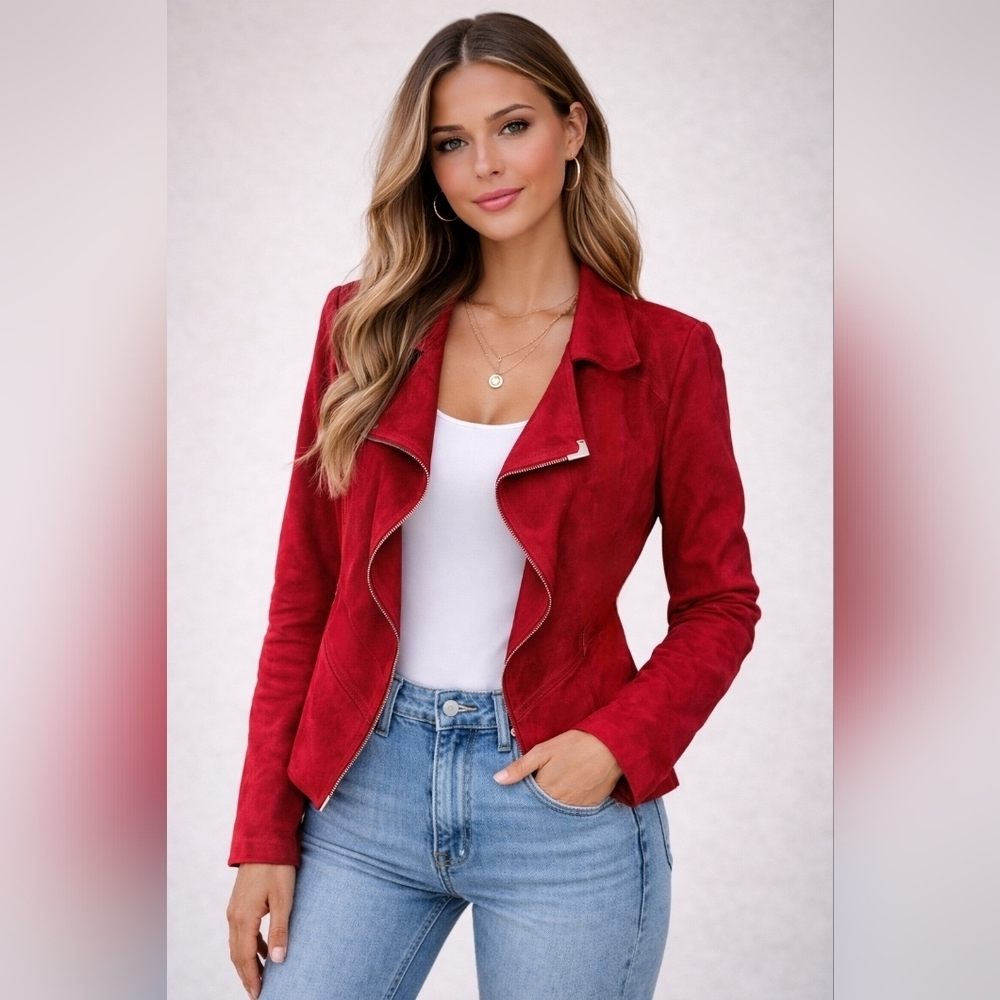 Carnaby Bright Red Suede-Look Moto Jacket Waterfall Collar EU 40 Edgy Streetwear